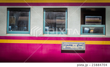 Thai Bogie train parking with destination sign Thai Bogie train parking with destination sign 23884704