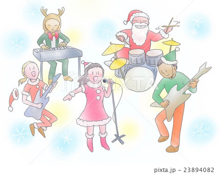 クリスマス衣装を着て歌うボーカル女性と演奏するバンドメンバーたちのイラスト素材 2340