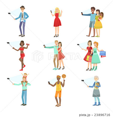 People Taking Picture With Selfie Stick Set Of 23896716