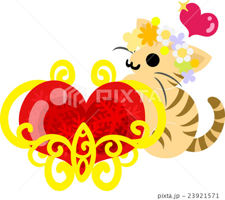 可愛い猫と赤いハートの宝石のイラスト素材