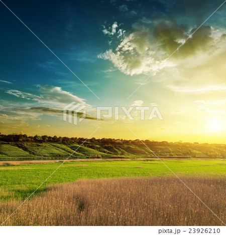 sunset over river green side with canes 23926210