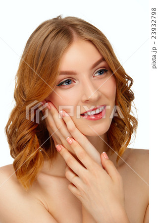 Face of beautiful young woman with blue eyes and red lips. Beaut 23932798