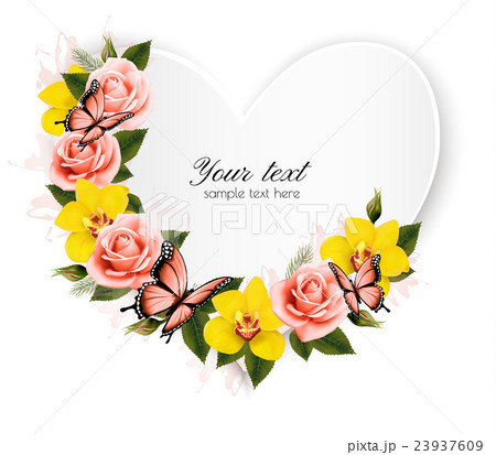 Heart shaped banner with roses and yellow orchids. Heart shaped banner with roses and yellow orchids. 23937609