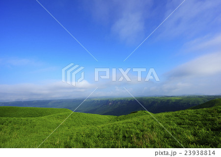阿蘇カルデラをつくった巨大噴火の火砕流台地が新緑に覆われ青空とのコントラストが美しい早朝の絶景 23938814