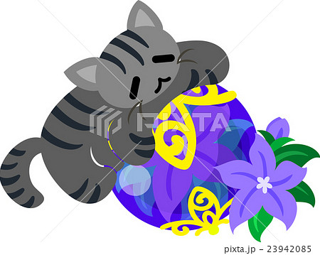 可愛い猫と綺麗な花の宝石のイラスト素材