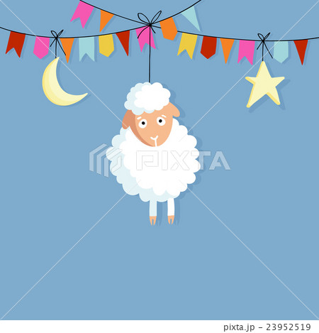 Eid al Adha. Hand drawn sheep, party flags, moon. 23952519