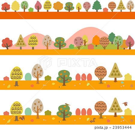 秋の木々と山のラインイラストセットのイラスト素材
