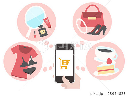 イラスト素材 インターネットショッピング 女性 スマートフォン スマホのイラスト素材