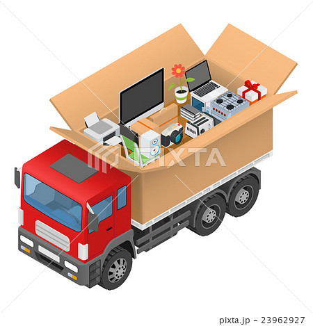 Isometric red cargo truck with cardboard box Isometric red cargo truck with cardboard box 23962927