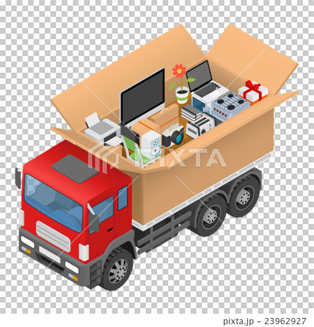 Isometric red cargo truck with cardboard box Isometric red cargo truck with cardboard box 23962927
