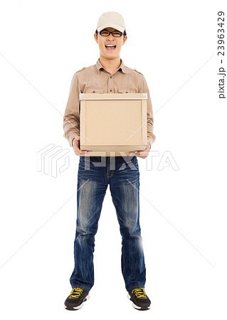 full of delivery man holding parcel and standing 23963429