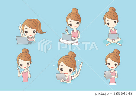 happy cartoon woman use computer happy cartoon woman use computer 23964548