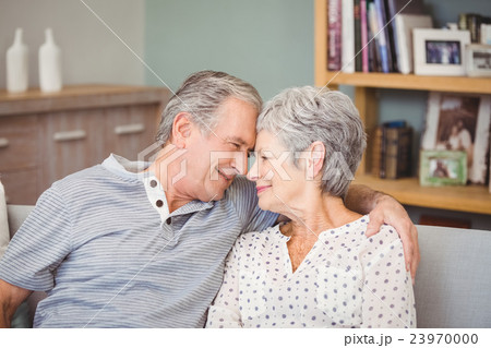 Happy senior couple sitting on sofa 23970000