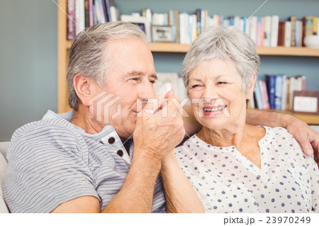 Senior man kissing his wife hand while sitting at home 23970249