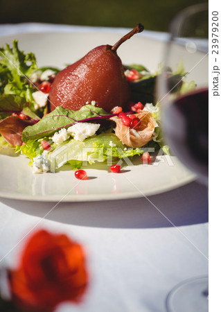 View of a poached pear salad View of a poached pear salad 23979200