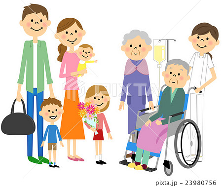 車椅子に座る高齢者 お見舞いのイラスト素材