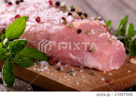 Detail of raw pork meat with salt and color pepper Detail of raw pork meat with salt and color pepper 23987006