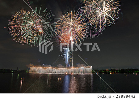 愛知　三好池まつり　花火と提灯舟 23989442