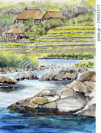 農村風景 手書きスケッチ ふるさとの絵 日本の原風景のイラスト素材