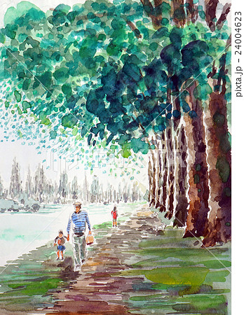 新緑の並木道 散歩する親子のスケッチのイラスト素材