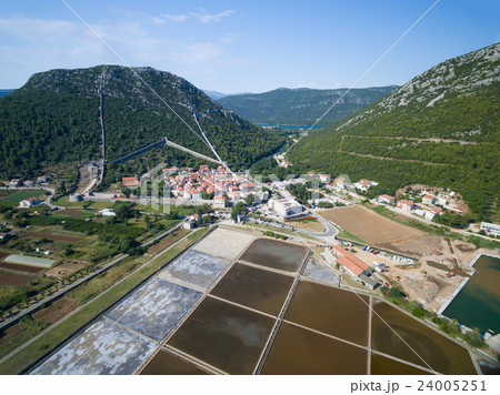 Aerial view of saltworks in Ston town. 24005251