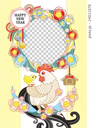 2017年酉年完成年賀状テンプレート「花注連縄と鶏親子写真フレーム 」HAPPYNEWYEAR （白 24011876