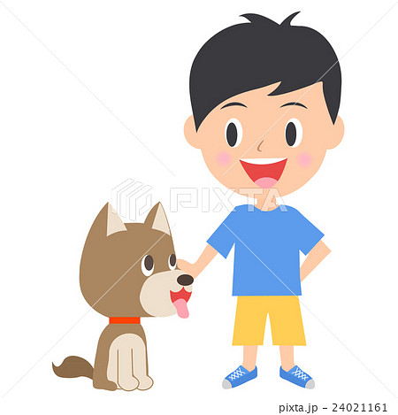 犬と遊ぶ男の子のイラスト素材