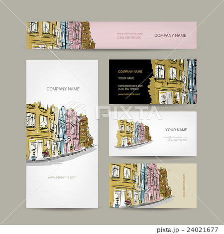 Business cards design with old city street sketch 24021677