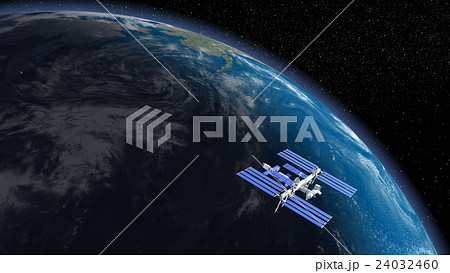地球とISS (宇宙ステーション）３DCG　perming3DCG160815_01　イラスト素材 24032460