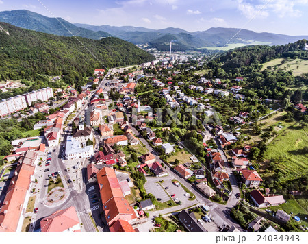 Aerial view of small town with hills, Slovakia. 24034943