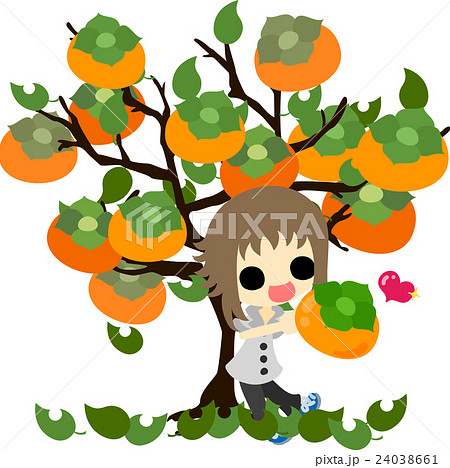 可愛い女の子と美味しい柿の木のイラスト素材