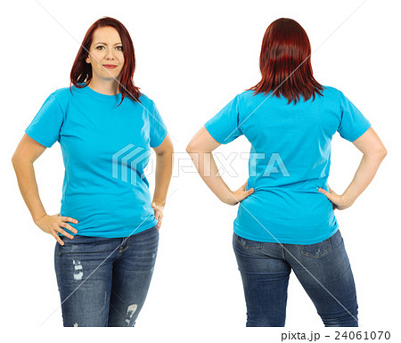 Woman wearing blank light blue shirt Woman wearing blank light blue shirt 24061070