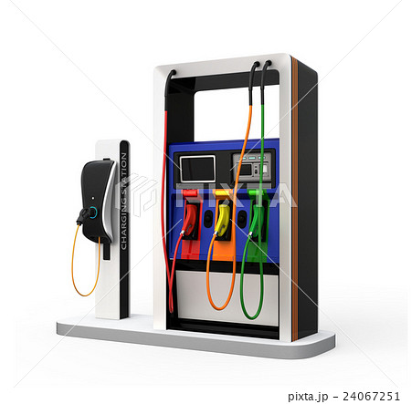 電気自動車用急速充電機が備えるガソリンスタンドのイメージ クリッピングパス付き のイラスト素材