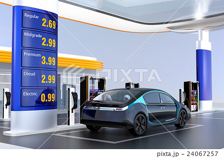 電気自動車用急速充電機が備えるサービスステーションに充電している自動運転車のイメージ 電気自動車用急速充電機が備えるサービスステーションに充電している自動運転車のイメージ 24067257