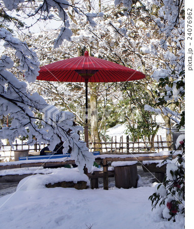 金閣寺の雪景色は赤い和傘が印象的です 金閣寺の雪景色は赤い和傘が印象的です 24076962