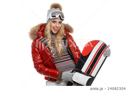 model wearing snowboard suit holding a snowboard model wearing snowboard suit holding a snowboard 24082304