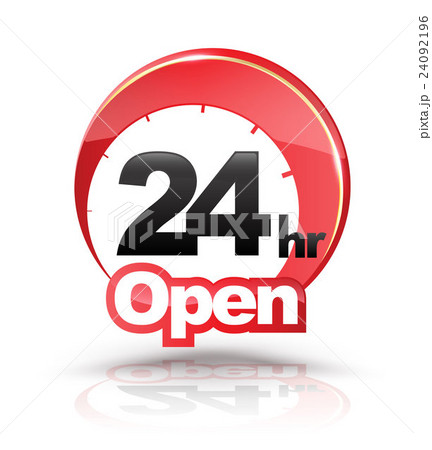 24 Hours Open circle graphic icon. 24092196