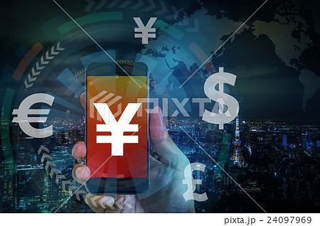 手に持ったスマートフォンとフィンテック(FinTech)アブストラクトイメージ 手に持ったスマートフォンとフィンテック(FinTech)アブストラクトイメージ 24097969