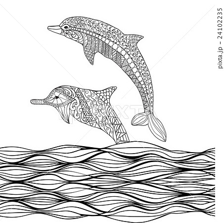 Hand drawn  dolphins with scrolling sea wave 24102235