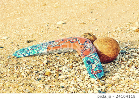Boomerang and coconuts on sandy beach  24104119