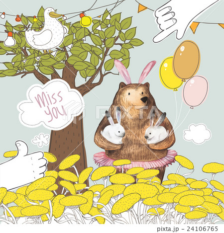 Pretty Bird and Cute Cartoon Bear with the Pretty Bird and Cute Cartoon Bear with the 24106765