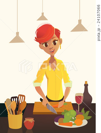 Healthy food, cartoon woman cooking in the modern 24107066