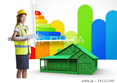 Composite image of architect woman with yellow helmet and plans Composite image of architect woman with yellow helmet and plans 24111149