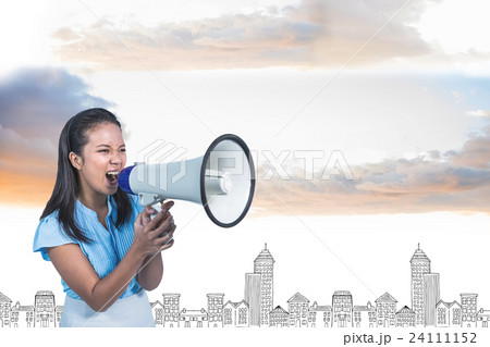 Composite image of businesswoman shouting into a megaphone 24111152