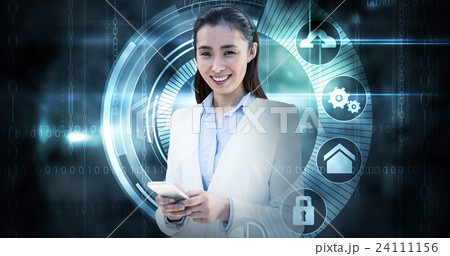 Composite image of smiling businesswoman using smartphone 24111156