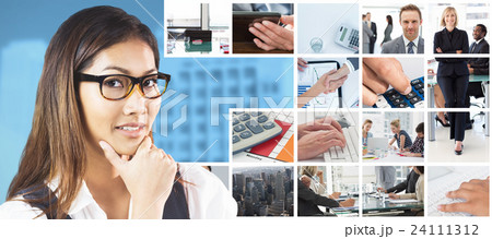 Composite image of smiling businesswoman holding her chin 24111312