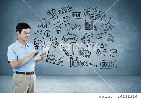 Composite image of man using digital tablet while standing 24111314