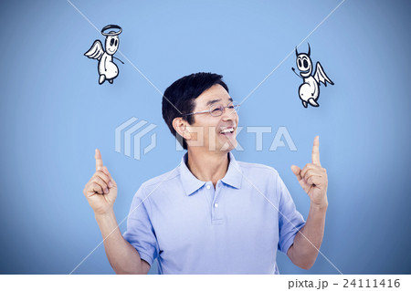 Composite image of happy man wearing eyeglasses gesturing 24111416