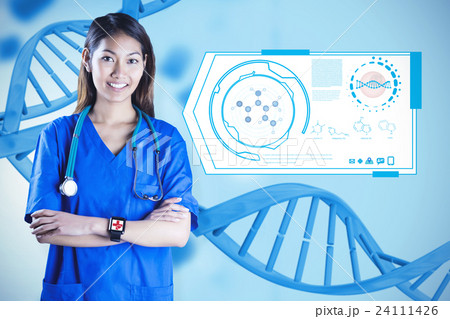 Composite image of asian nurse with stethoscope crossing arms 24111426