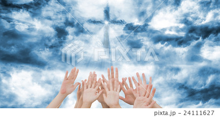 Composite image of people raising hands in the air Composite image of people raising hands in the air 24111627